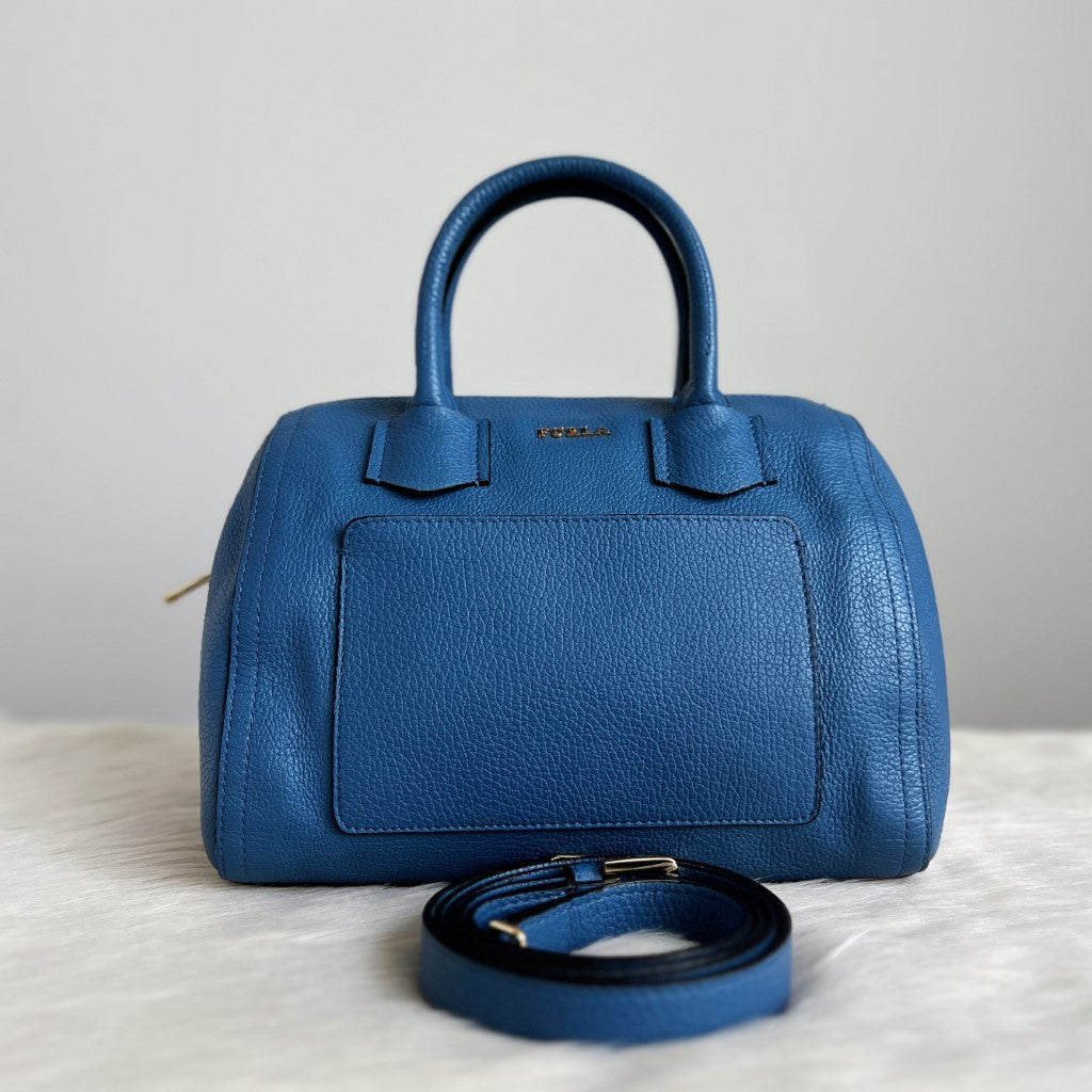 Furla Blue Leather Boston 2 Way Shoulder Bag Like New