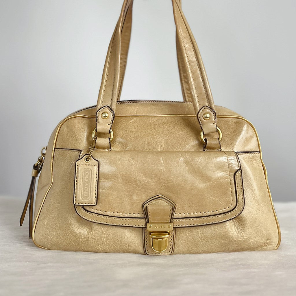 Coach Beige Leather Front Pocket Bowling Tote Bag