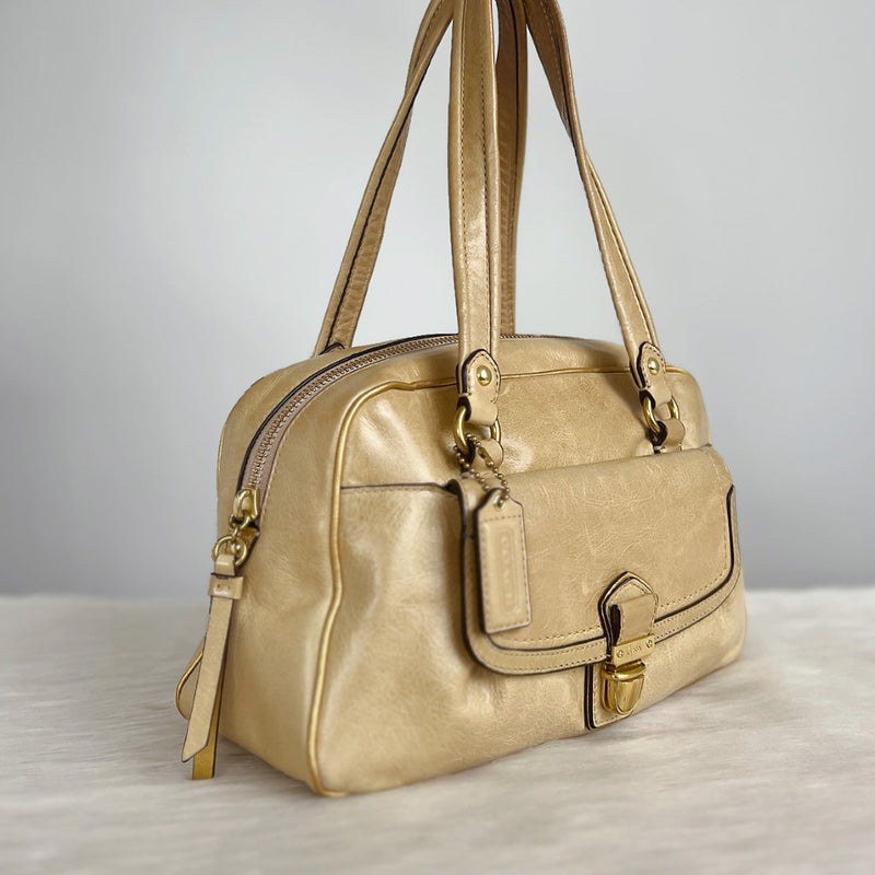 Coach Beige Leather Front Pocket Bowling Tote Bag