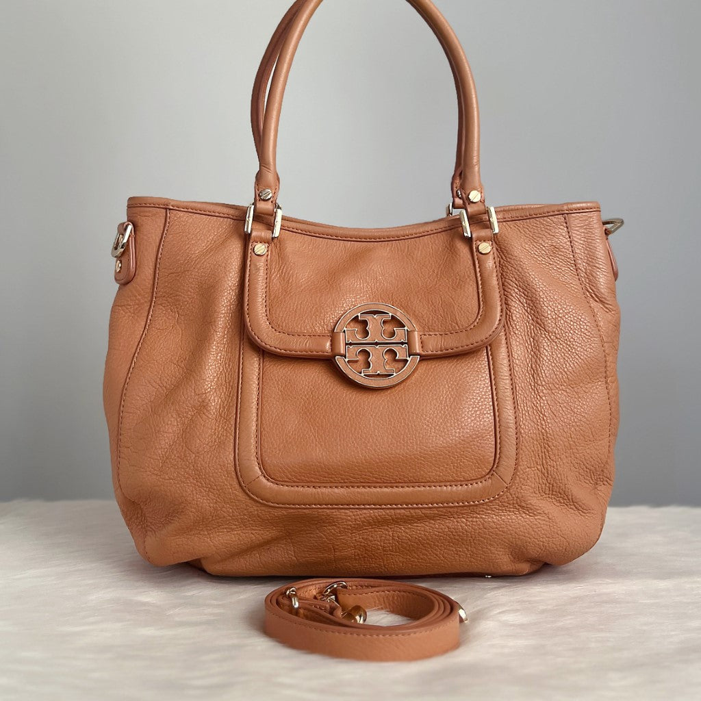 Tory Burch Caramel Leather Front Logo 2 Way Shoulder Bag