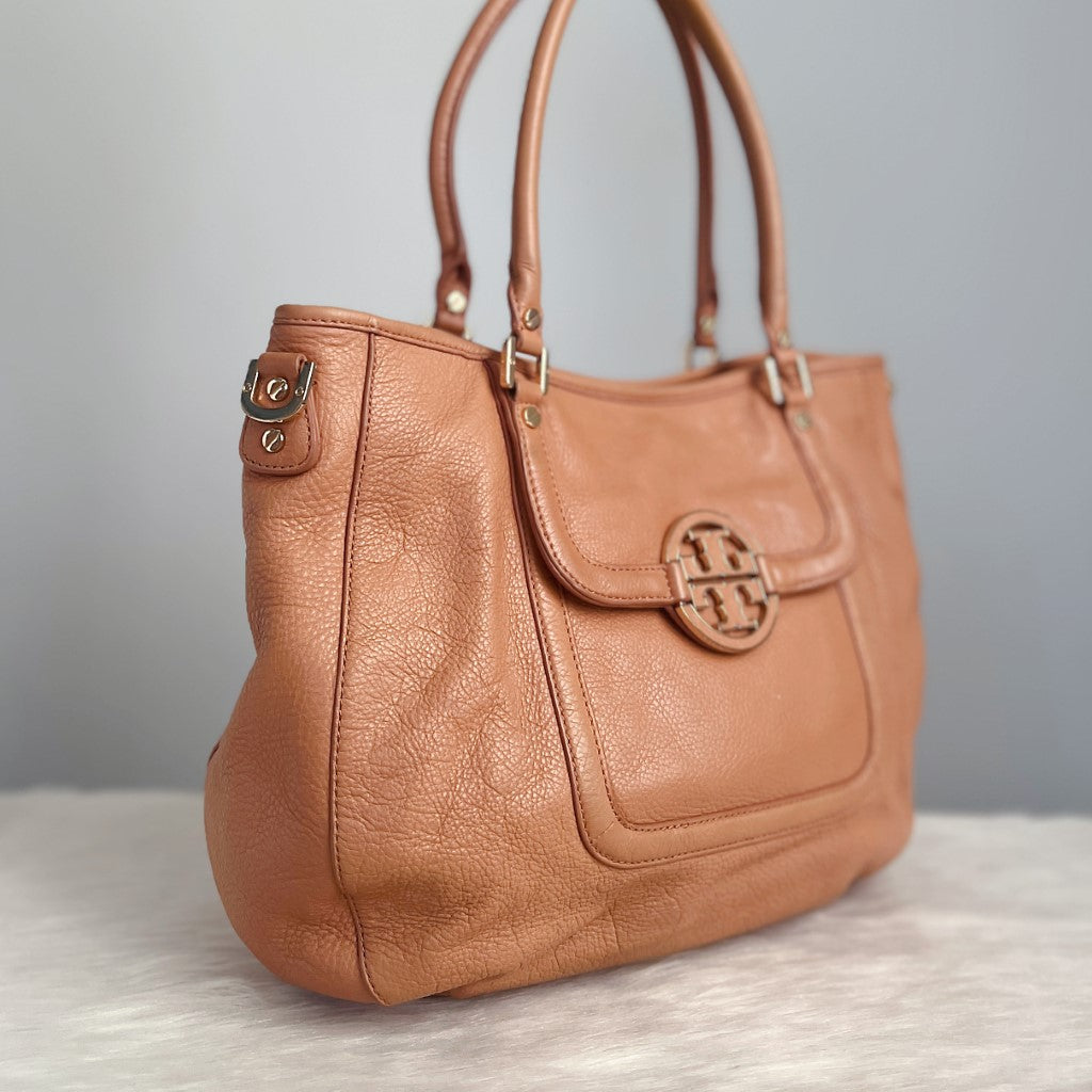 Tory Burch Caramel Leather Front Logo 2 Way Shoulder Bag