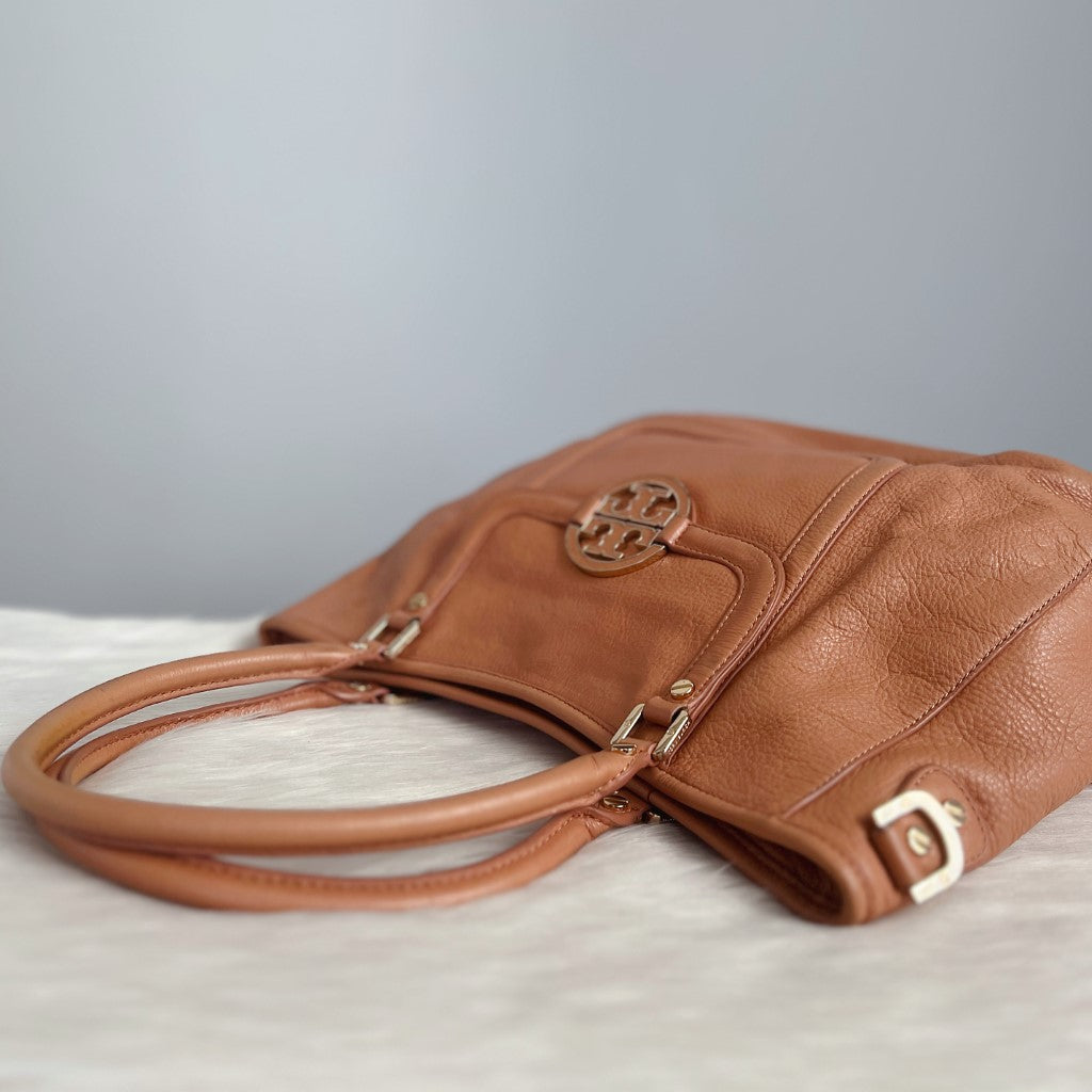 Tory Burch Caramel Leather Front Logo 2 Way Shoulder Bag