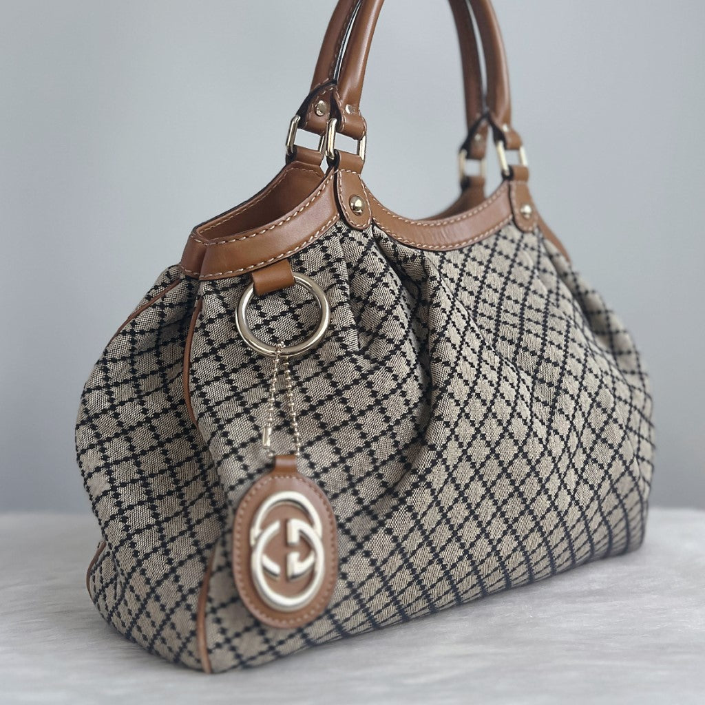 Gucci Signature Double G Caramel Leather Trim Shoulder Bag