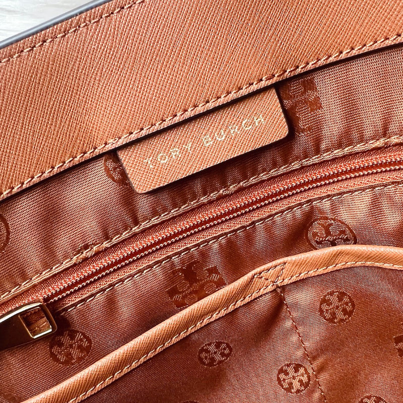 Tory Burch Caramel Leather Front Logo Triple Compartment Shoulder Bag