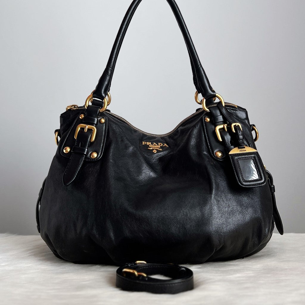 Prada Black Leather Career 2 Way Shoulder Bag