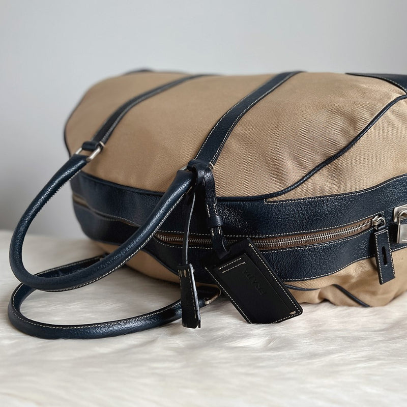 Prada Navy Leather Stripe Large Weekend Travel Bag