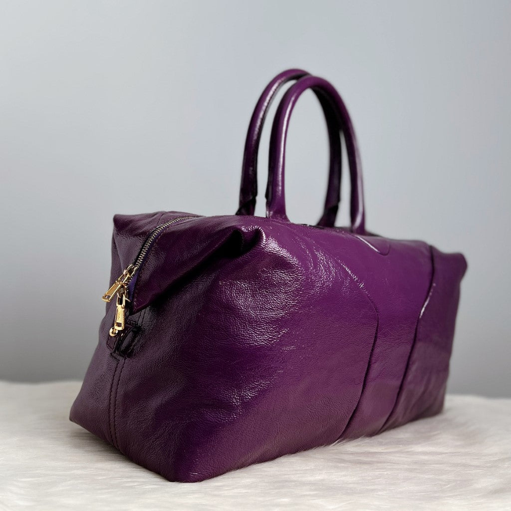 Saint Laurent YSL Patent Purple Leather Large Boston Shoulder Bag