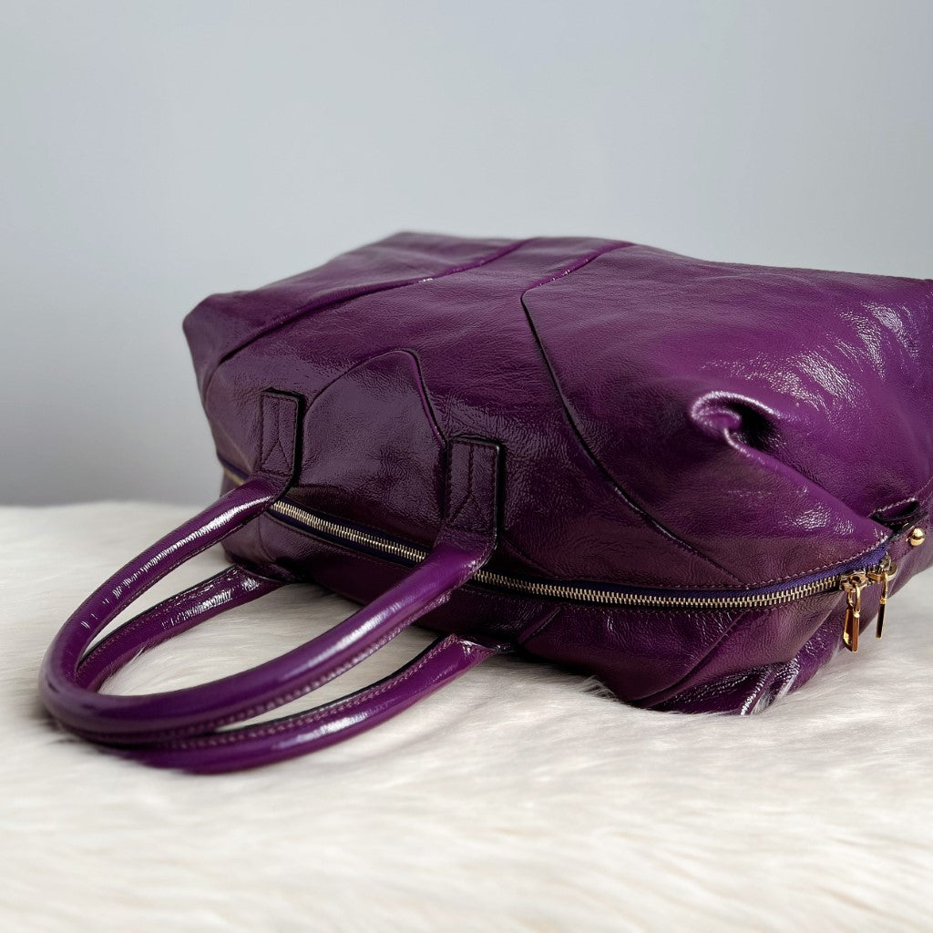 Saint Laurent YSL Patent Purple Leather Large Boston Shoulder Bag