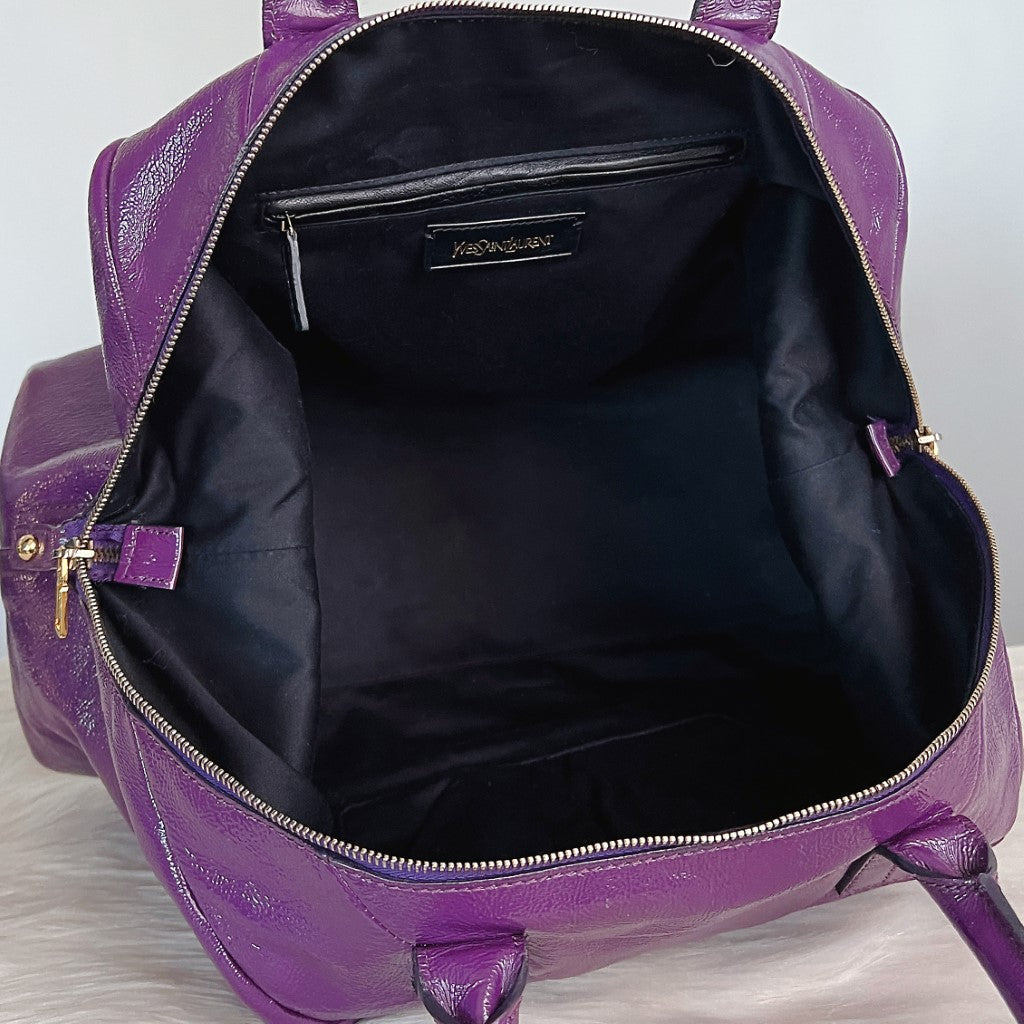 Saint Laurent YSL Patent Purple Leather Large Boston Shoulder Bag