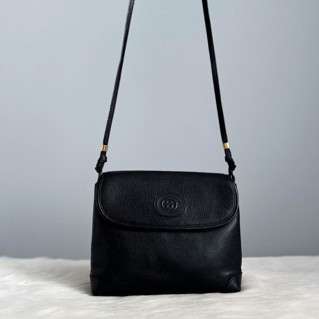 Gucci Black Leather Double Compartment Crossbody Shoulder Bag