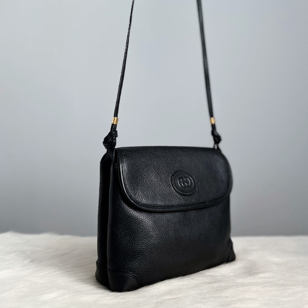 Gucci Black Leather Double Compartment Crossbody Shoulder Bag