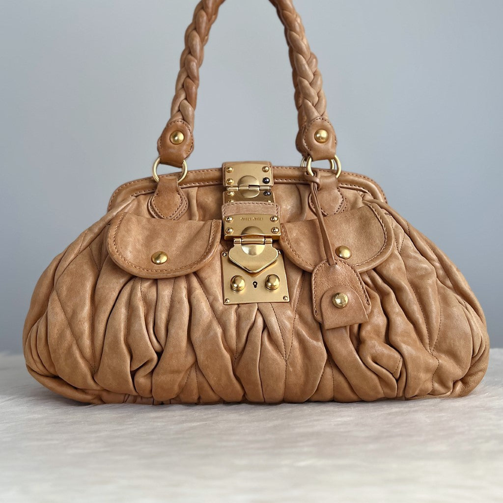 Miu Miu Caramel Leather Signature Matelasse Shoulder Bag