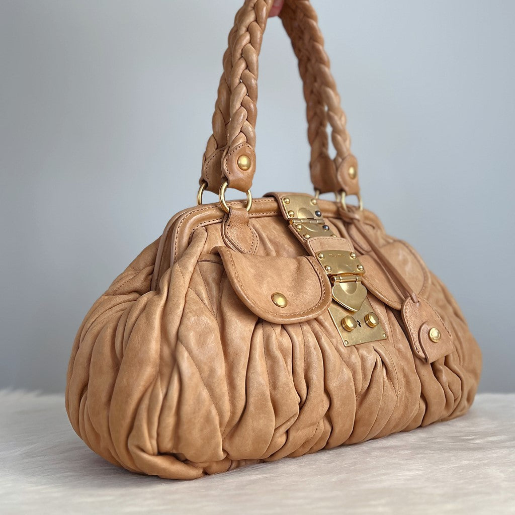 Miu Miu Caramel Leather Signature Matelasse Shoulder Bag