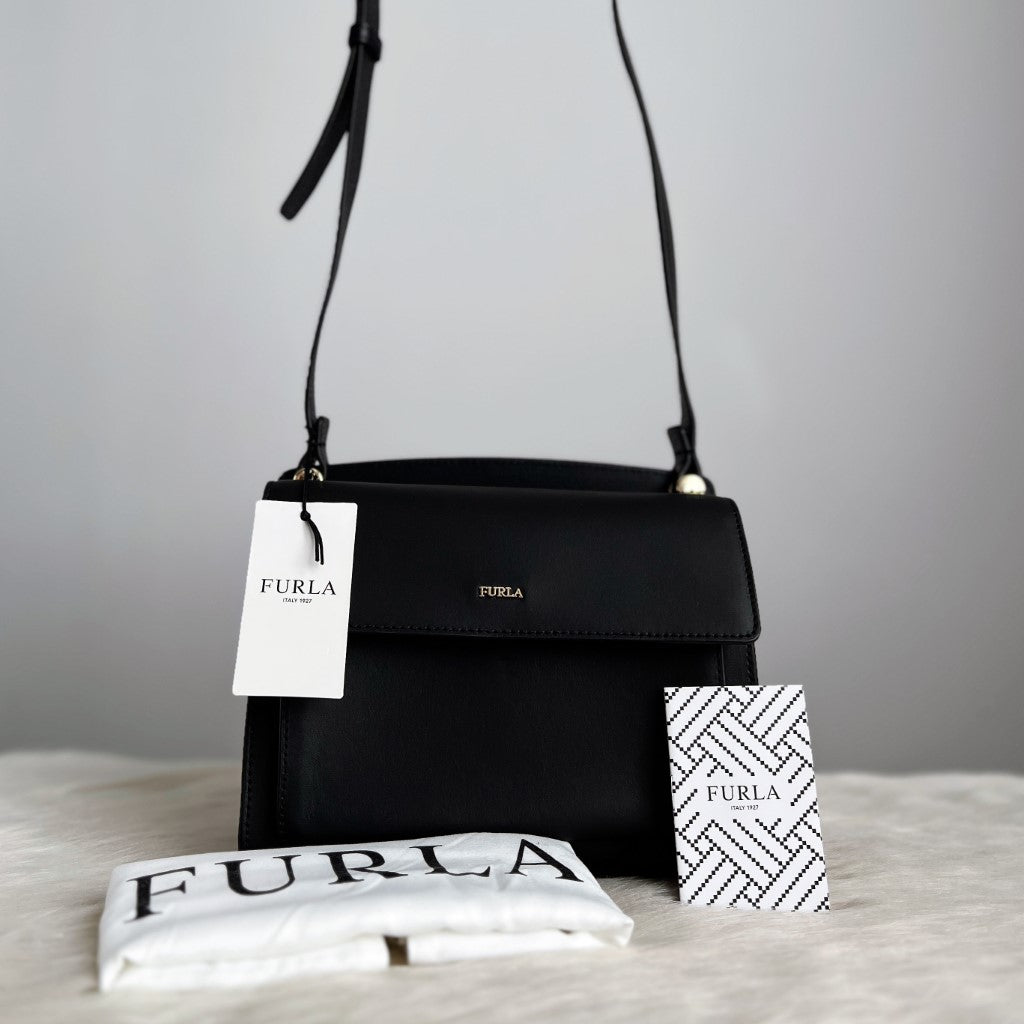 Furla Black Leather Flap Crossbody Shoulder Bag New with Tags