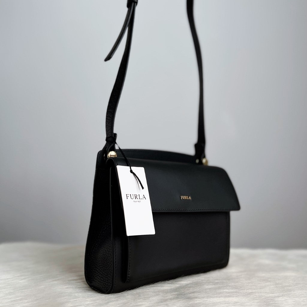 Furla Black Leather Flap Crossbody Shoulder Bag New with Tags