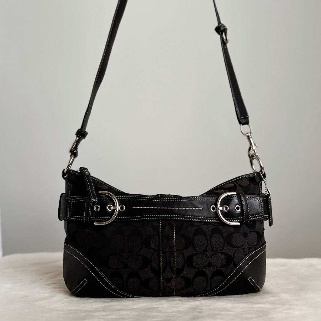 Coach Black Signature Monogram Front Buckle Crossbody Shoulder Bag