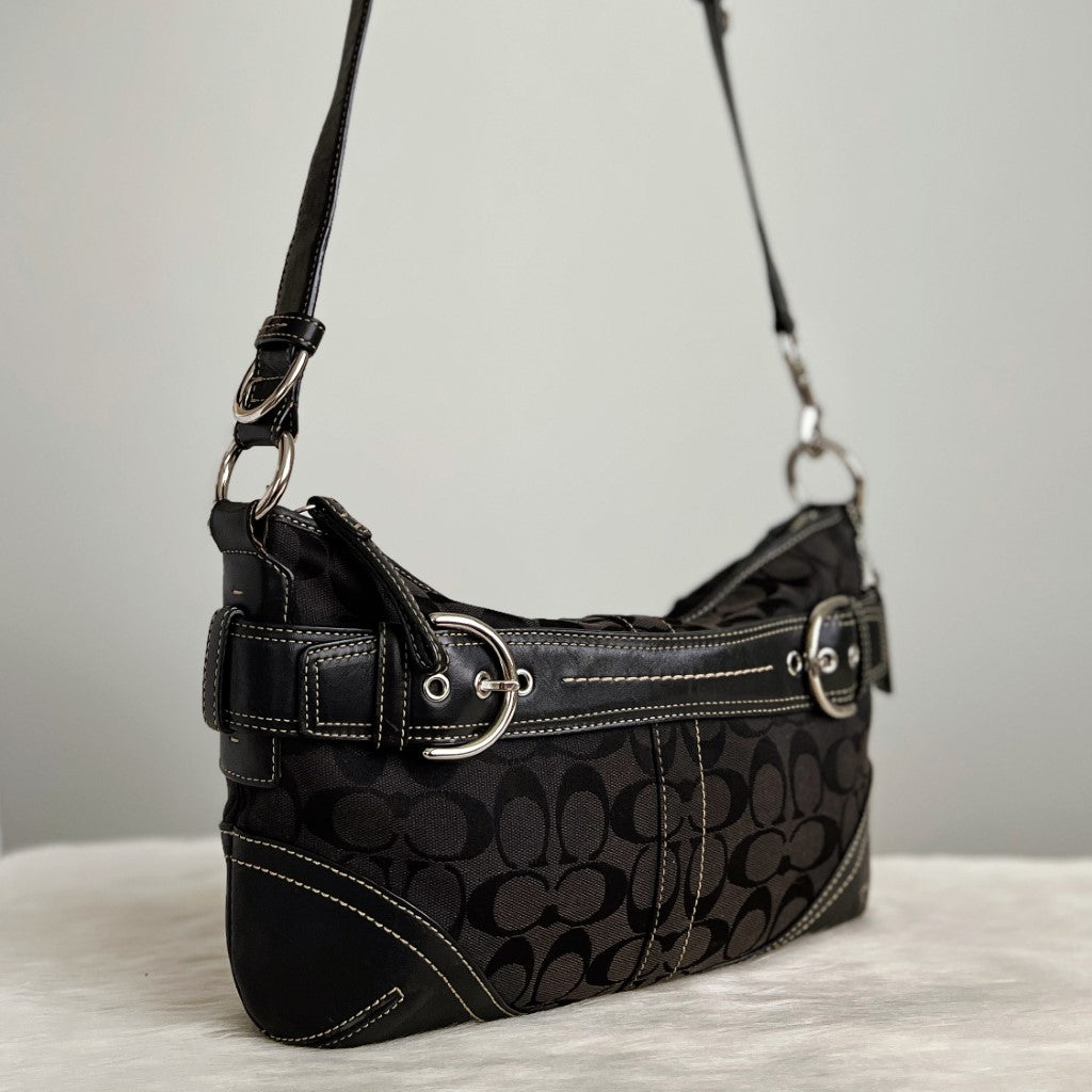 Coach Black Signature Monogram Front Buckle Crossbody Shoulder Bag