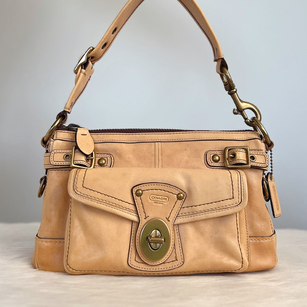 Coach Beige Leather Turn Lock Shoulder Bag