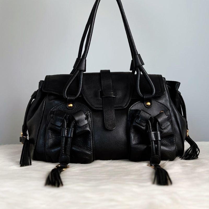 Ferragamo Black Leather Tassel Detail Shoulder Bag Excellent