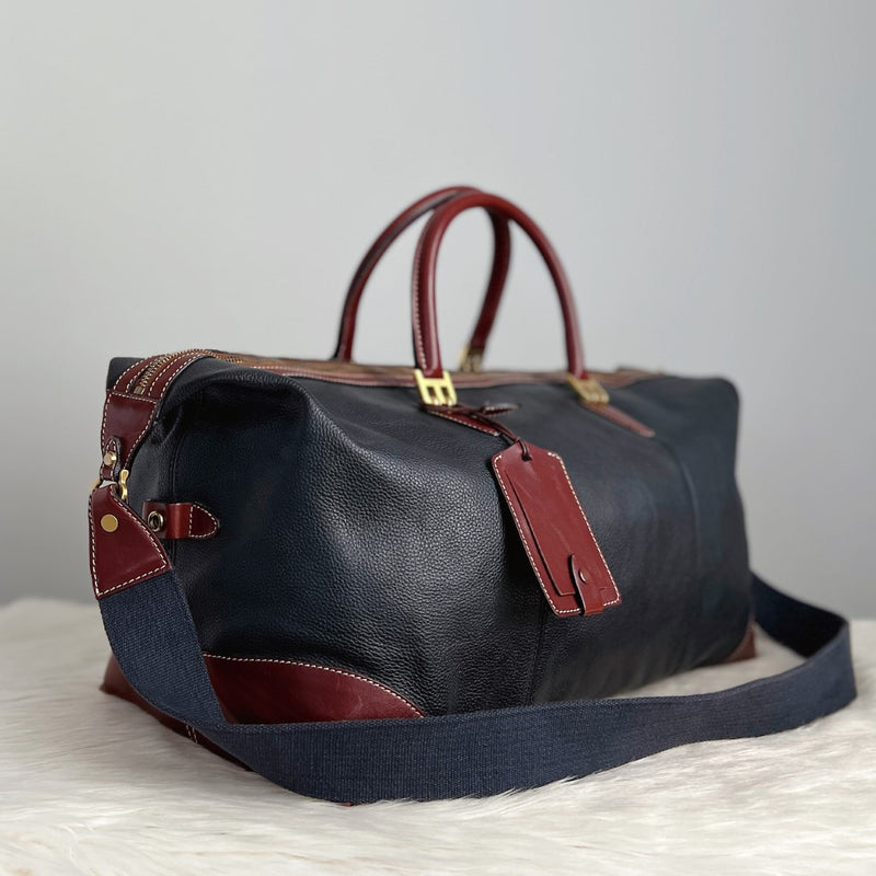 Bally Navy Leather Signature B Weekend Travel Bag