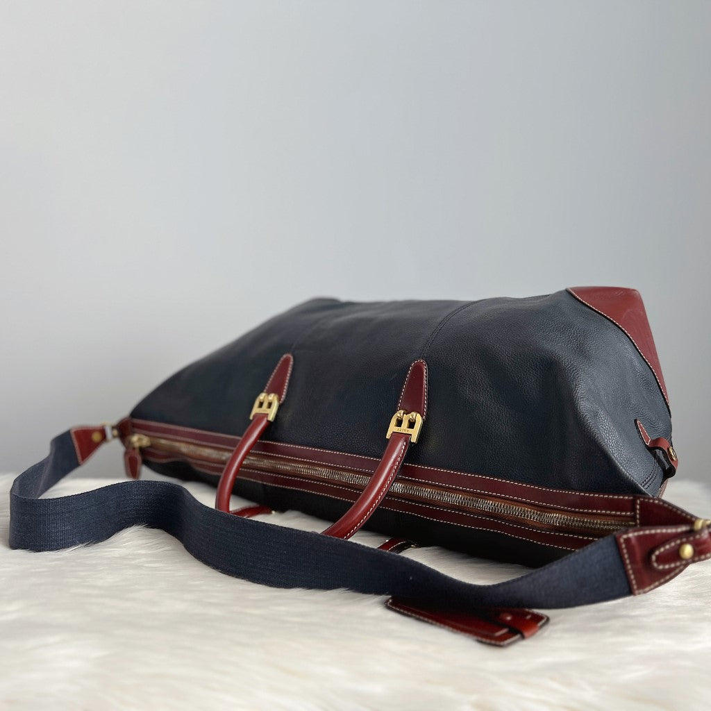 Bally Navy Leather Signature B Weekend Travel Bag