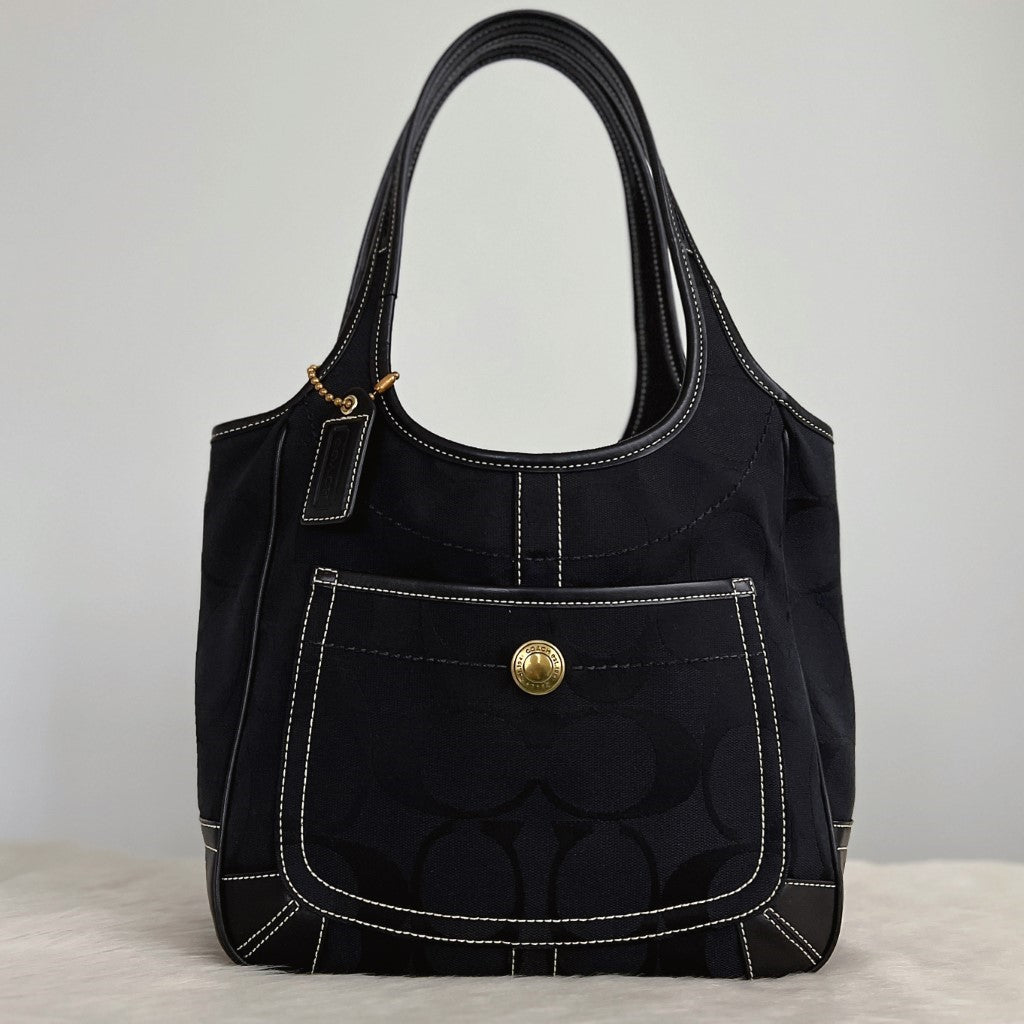 Coach Black Signature Monogram Front Pocket Shoulder Bag