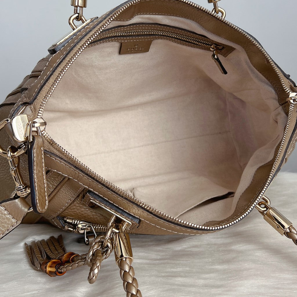 Gucci Metallic Gold Leather 2 Way Bow Charm Detail Shoulder Bag Excellent