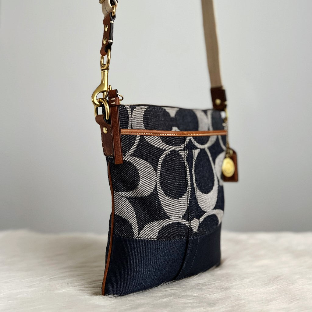 Coach Denim Monogram Charm Detail Small Crossbody Shoulder Bag