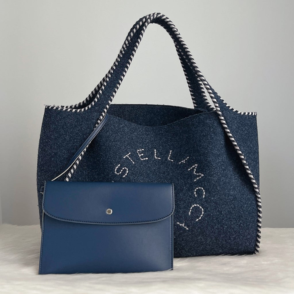 Stella Mccartney Navy Woollen Large Shoulder Bag with Pouch