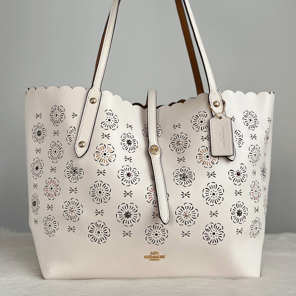 Coach White Leather Floral Detail Large Shopper Shoulder Bag Excellent