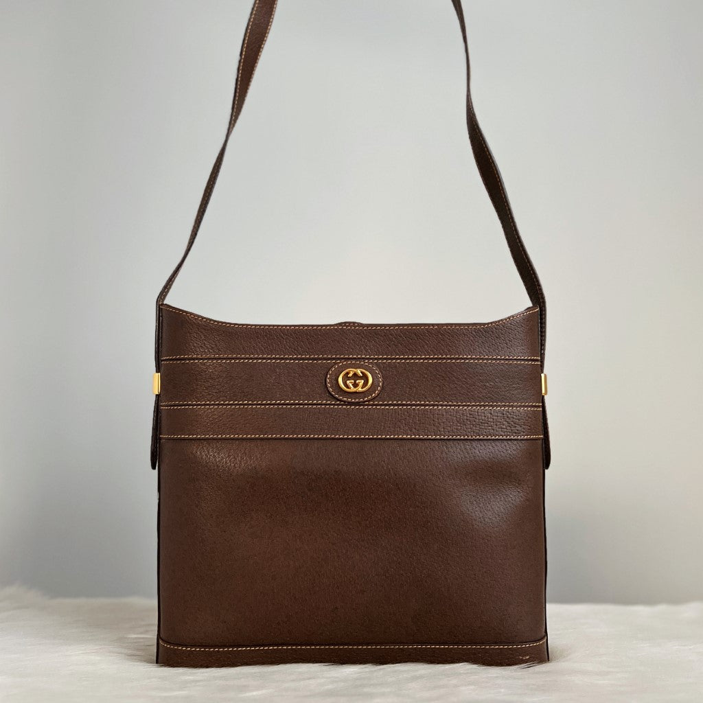 Gucci Dark Brown Leather Double G Logo Crossbody Shoulder Bag