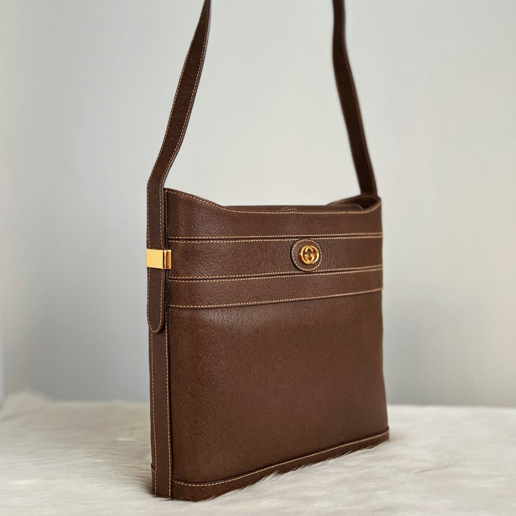 Gucci Dark Brown Leather Double G Logo Crossbody Shoulder Bag