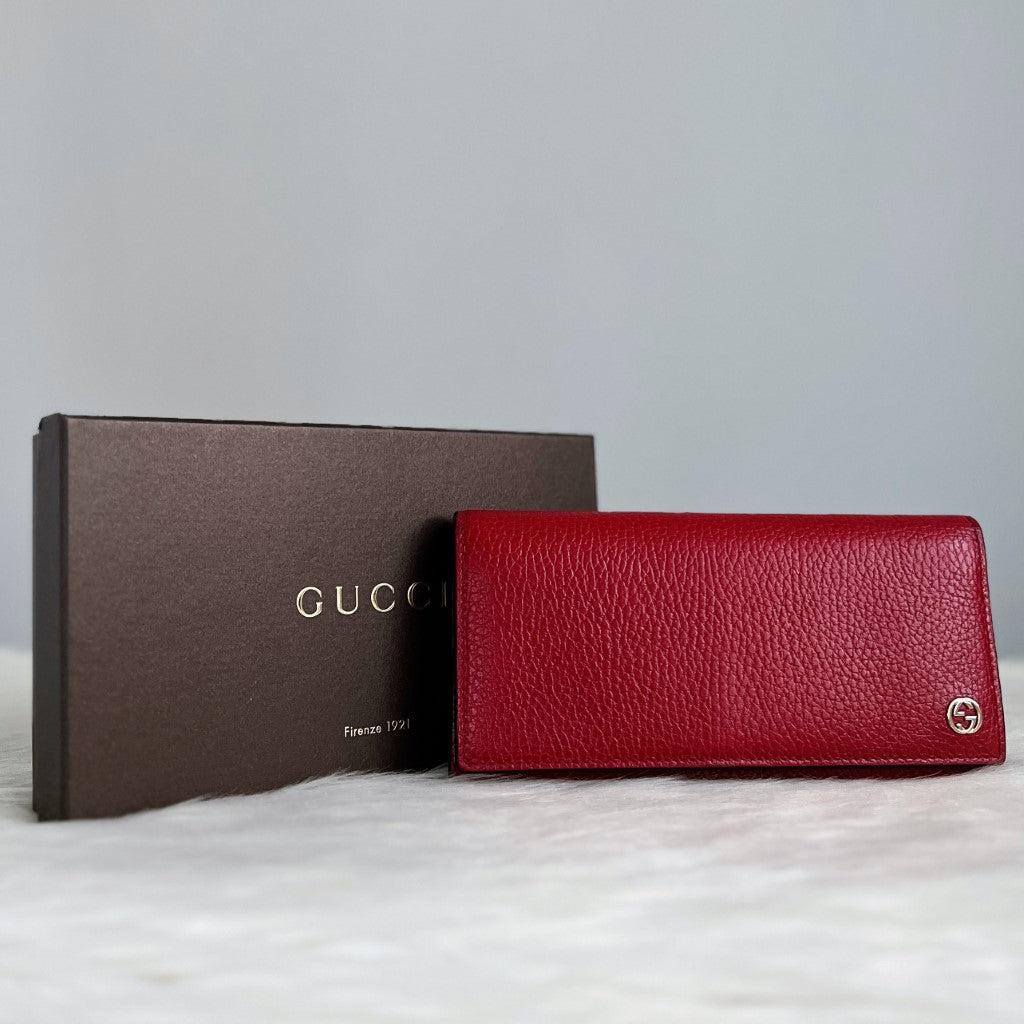 Gucci Double G Red Leather Zip Compartment Long Wallet Excellent