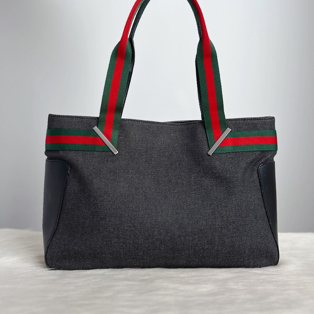 Gucci Signature Stripe Detail Denim Shoulder Bag Excellent