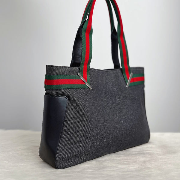 Gucci Signature Stripe Detail Denim Shoulder Bag Excellent