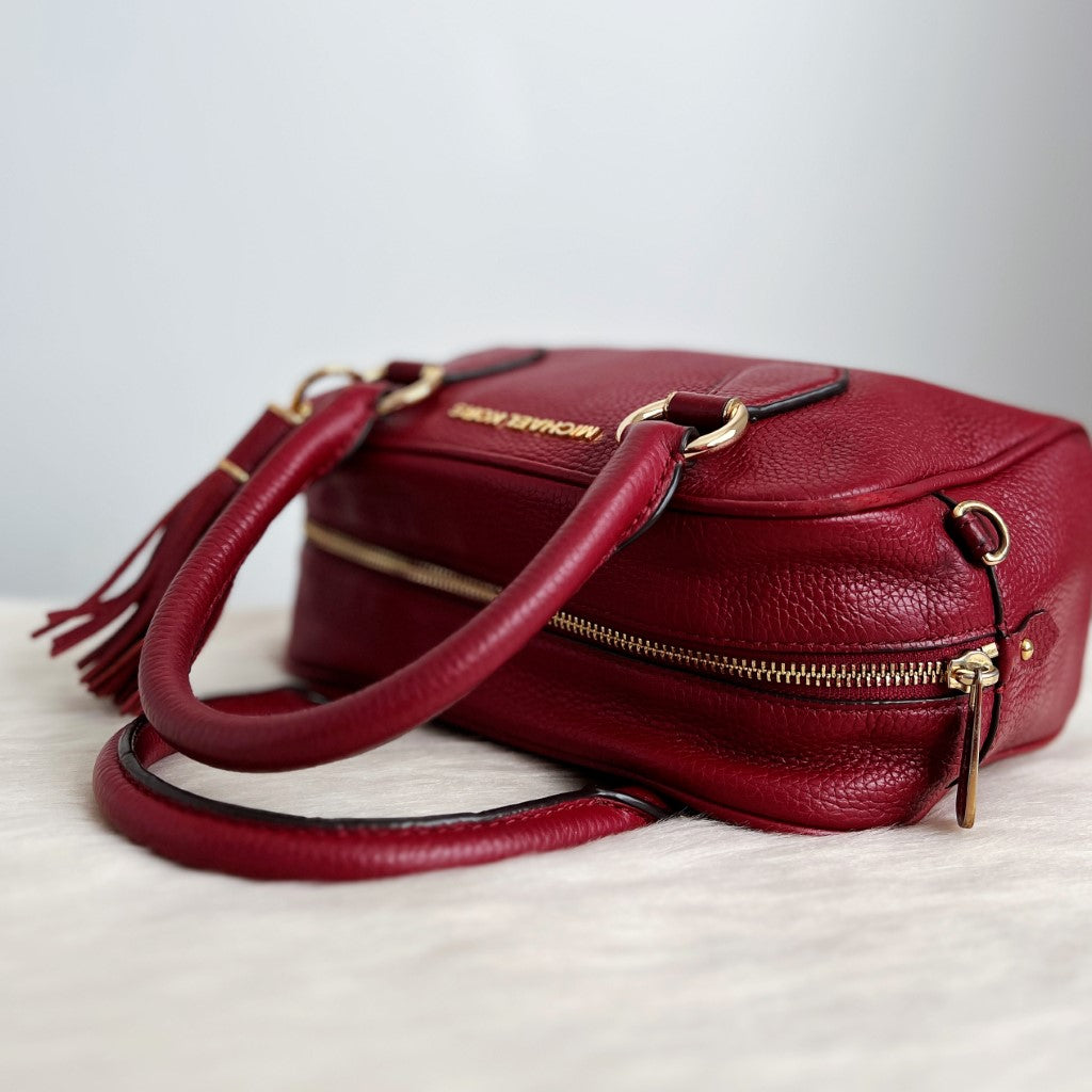 Michael Kors Maroon Leather Tassel Charm 2 Way Shoulder Bag