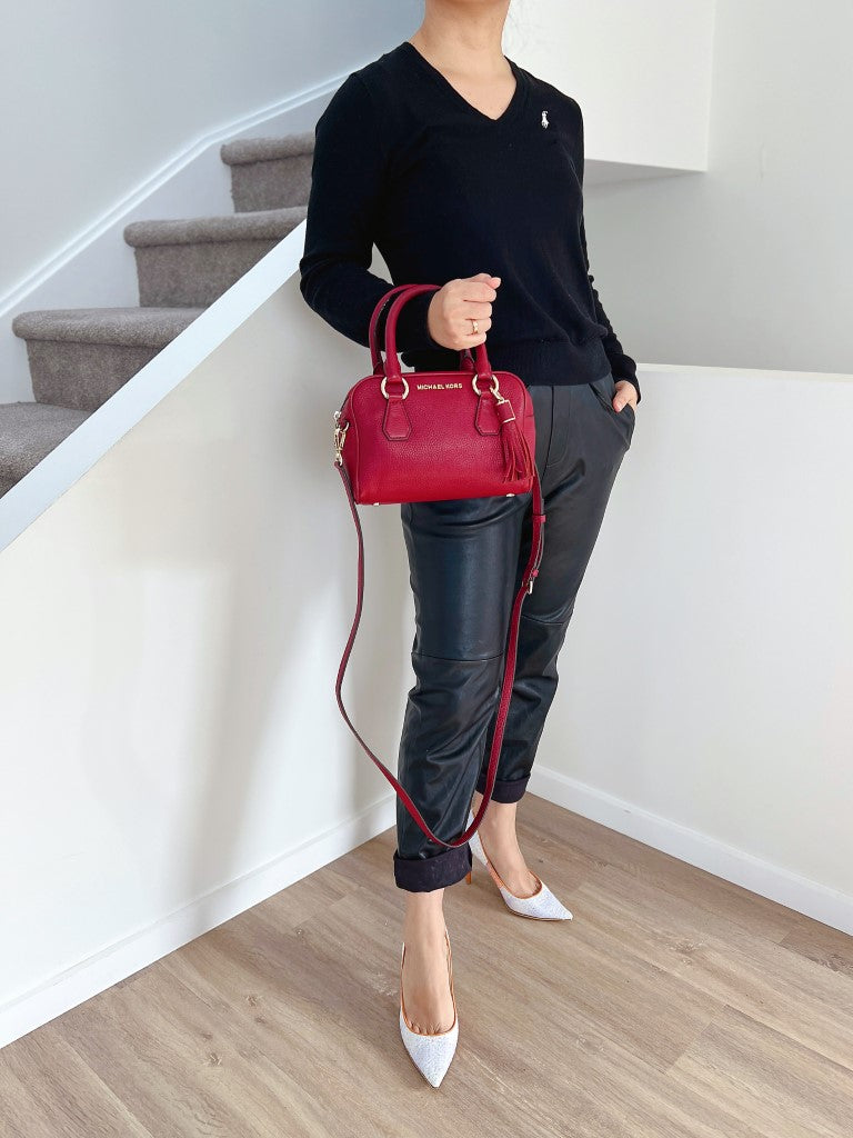 Michael Kors Maroon Leather Tassel Charm 2 Way Shoulder Bag