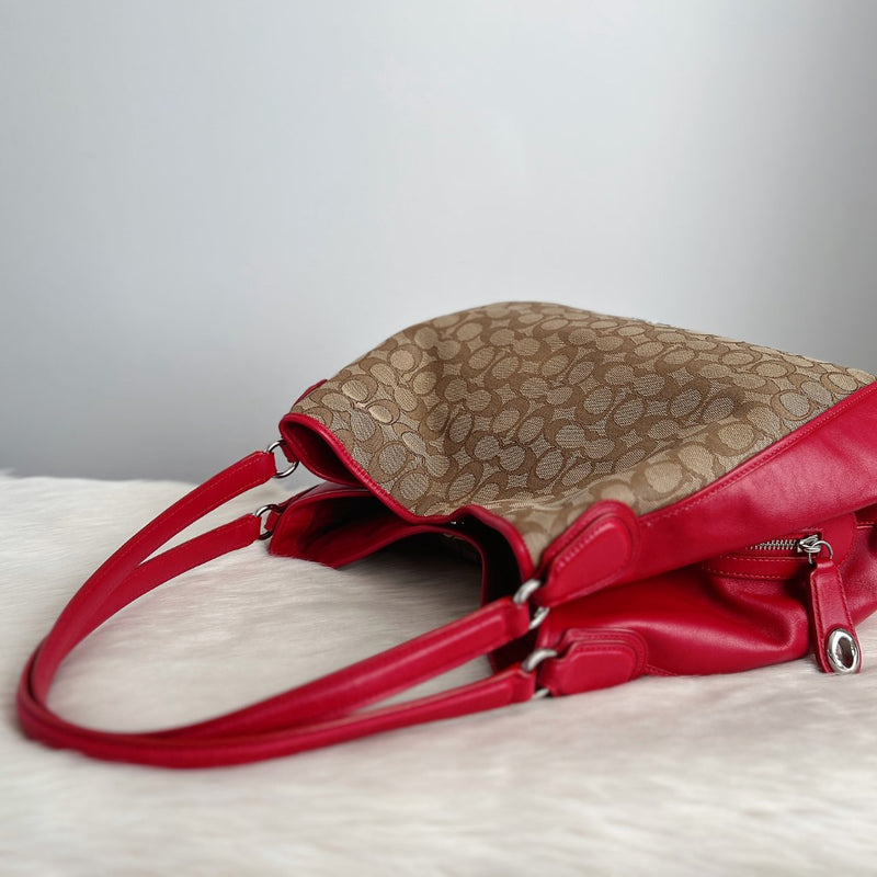 Coach Red Leather Patchwork Triple Compartments Shoulder Bag Excellent