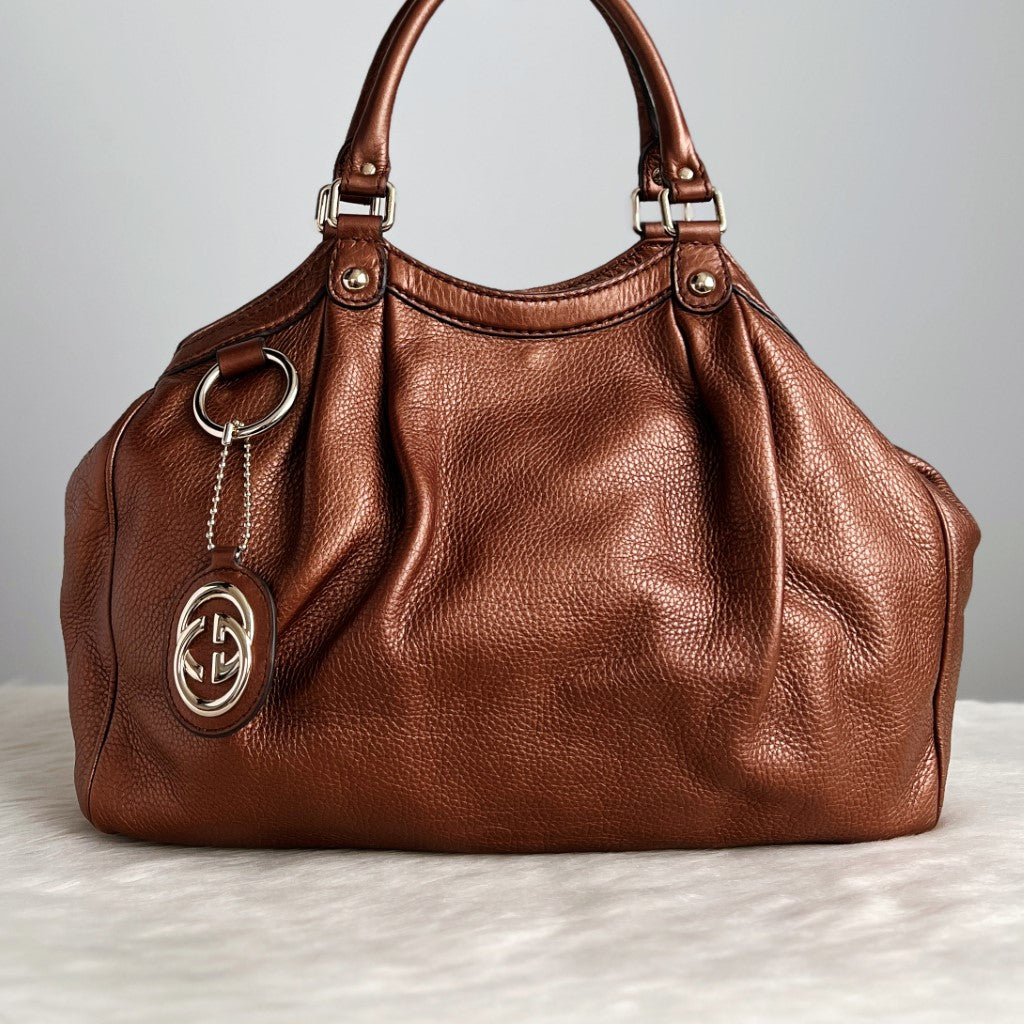 Gucci Signature Double G Bronze Leather Shoulder Bag