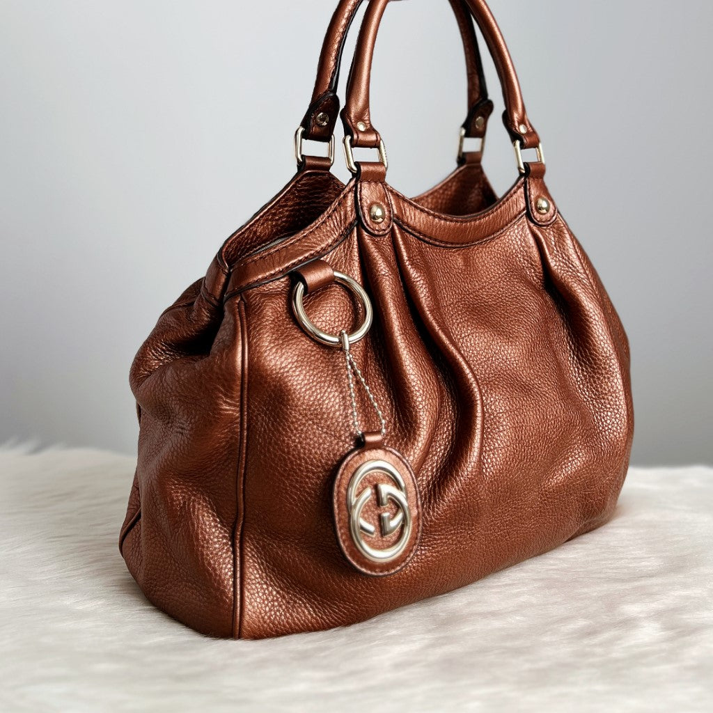 Gucci Signature Double G Bronze Leather Shoulder Bag