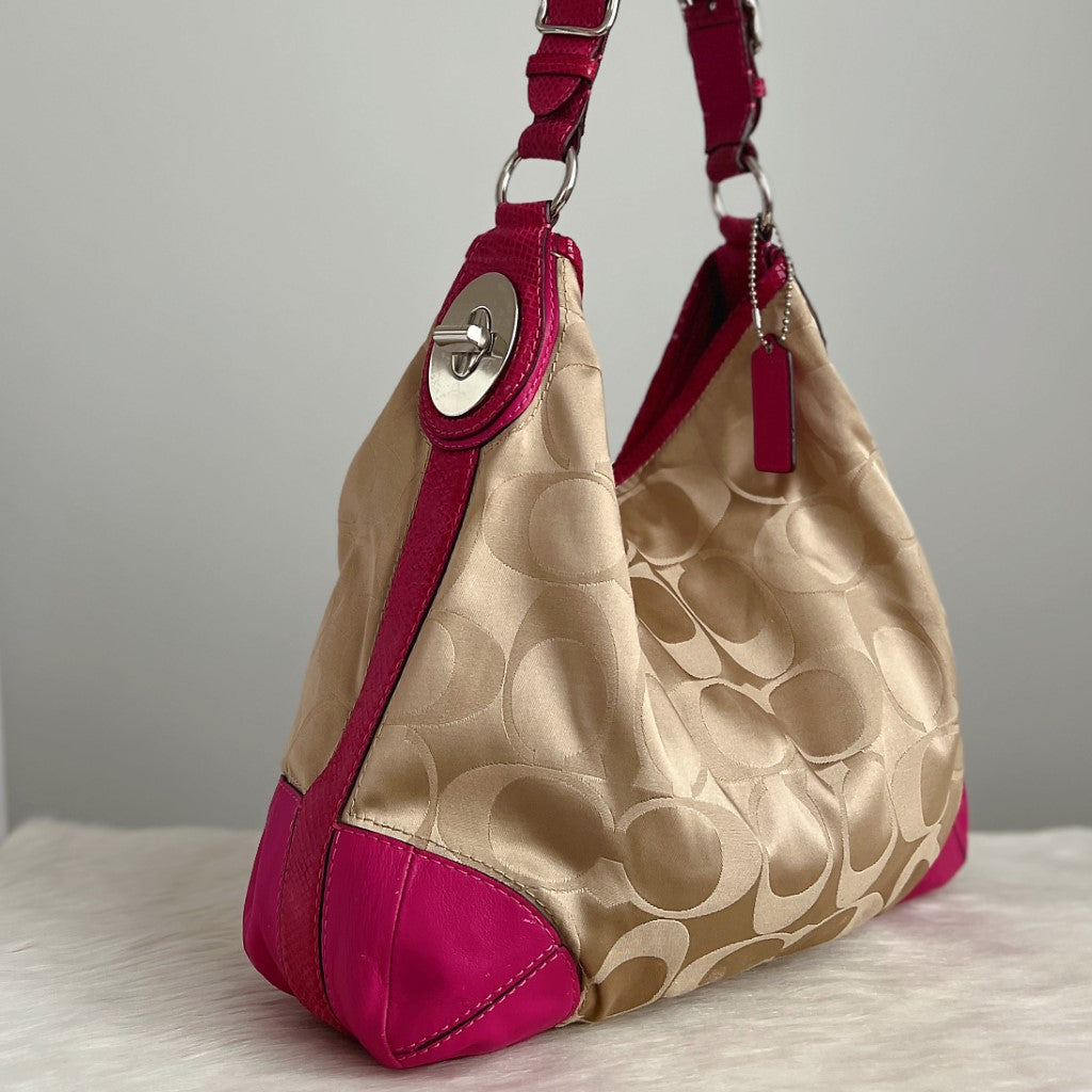 Coach Fuchsia Leather Monogram Large Shoulder Bag