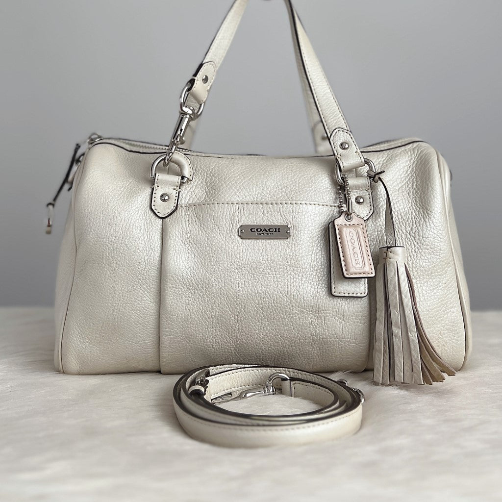 Coach Pearl White Leather Boston 2 Way Shoulder Bag