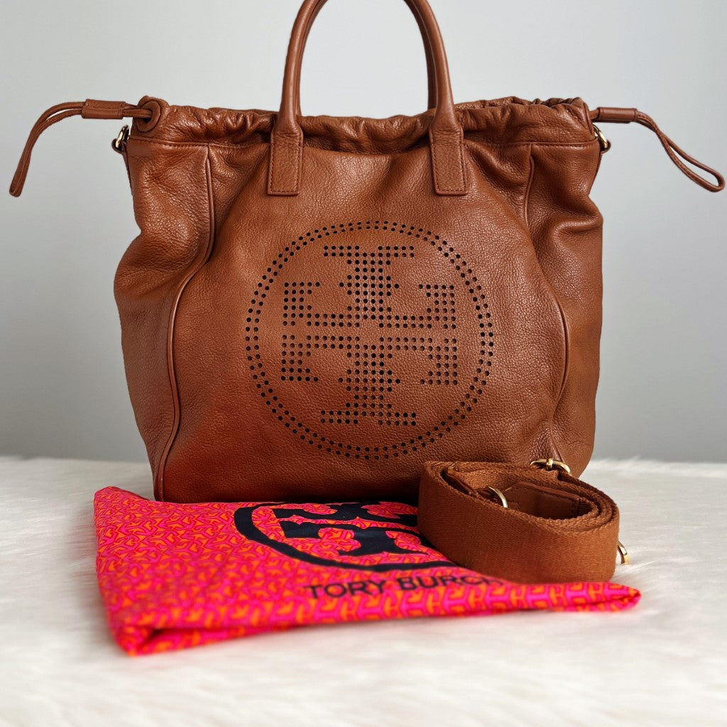 Tory Burch Caramel Leather Front Logo Large 2 Way Shoulder Bag