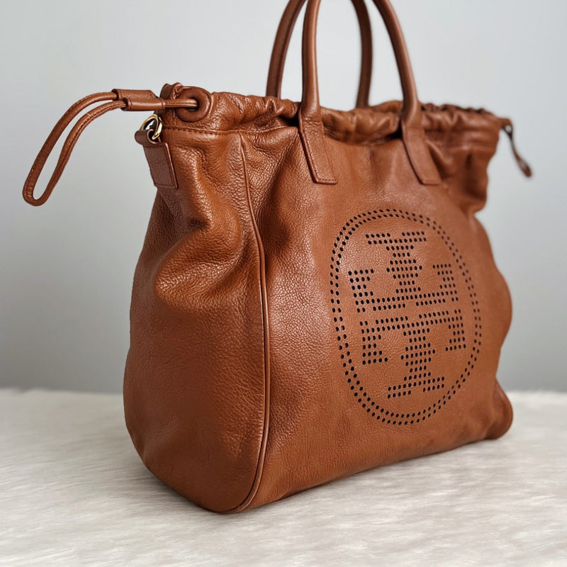 Tory Burch Caramel Leather Front Logo Large 2 Way Shoulder Bag
