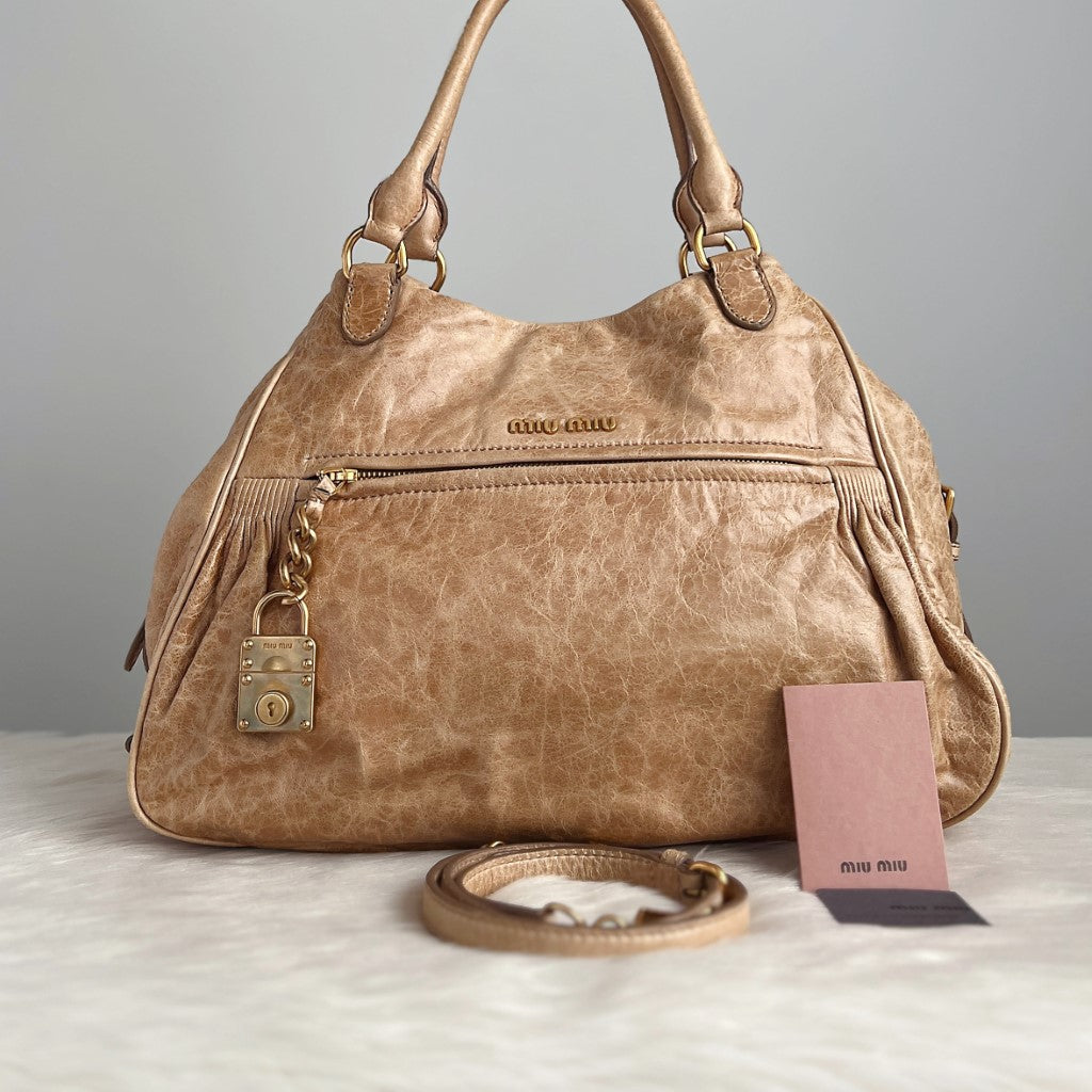 Miu Miu Beige Leather Charm Detail 2 Way Shoulder Bag