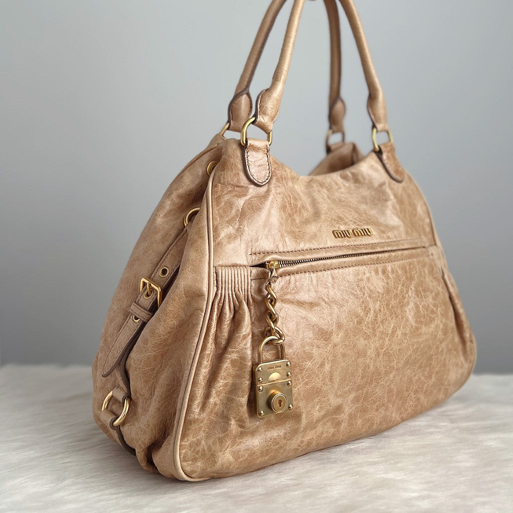 Miu Miu Beige Leather Charm Detail 2 Way Shoulder Bag