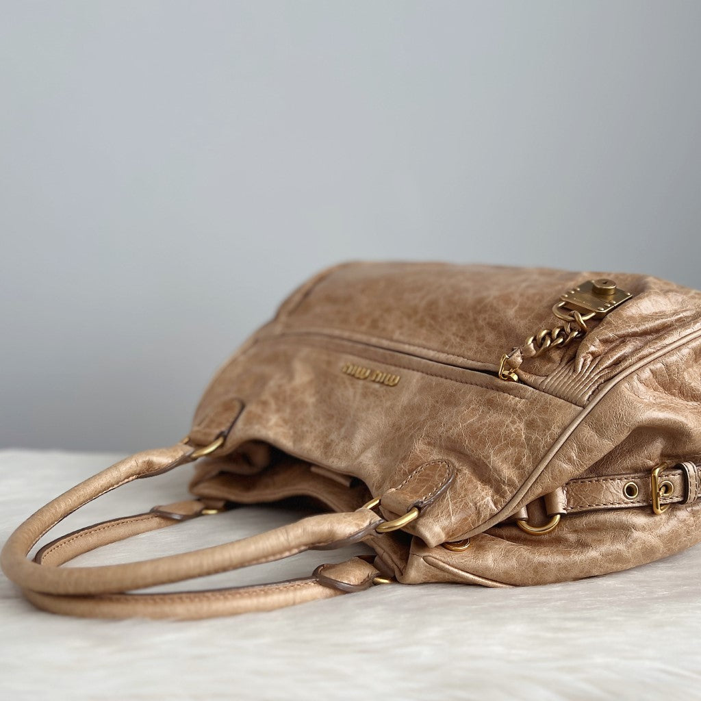 Miu Miu Beige Leather Charm Detail 2 Way Shoulder Bag