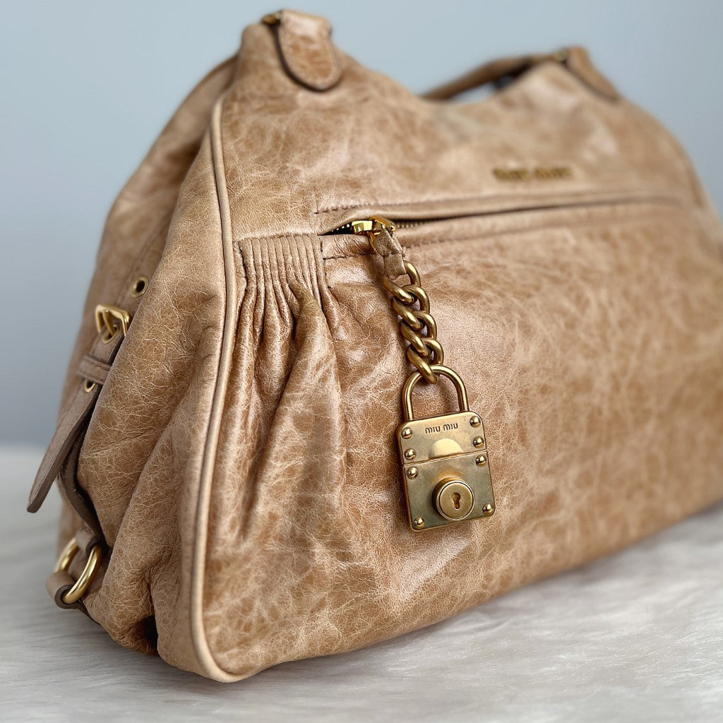 Miu Miu Beige Leather Charm Detail 2 Way Shoulder Bag