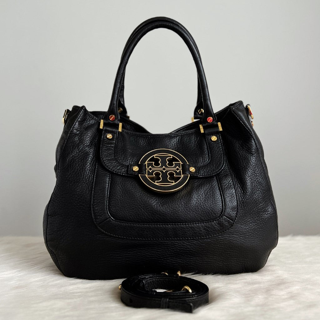 Tory Burch Black Leather Front Logo 2 Way Shoulder Bag