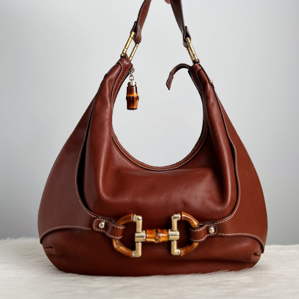 Gucci Caramel Leather Signature Horsebit Bamboo Shoulder Bag